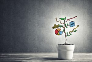 wachsende Pflanze mit Unternehmenszielen als Blätter