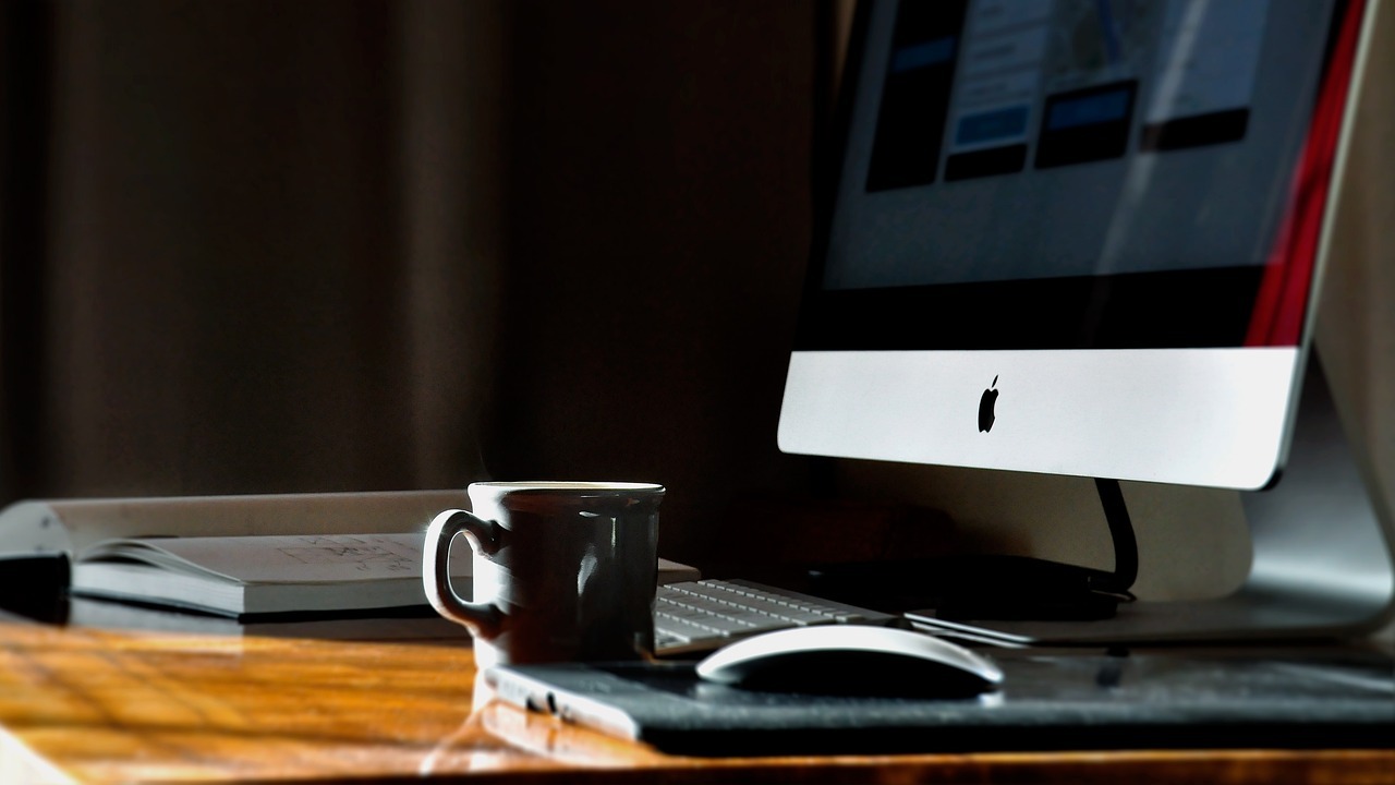 coffee, cup, desk, notebook, display, imac, design, home, work, coffee cup, workspace, work from home