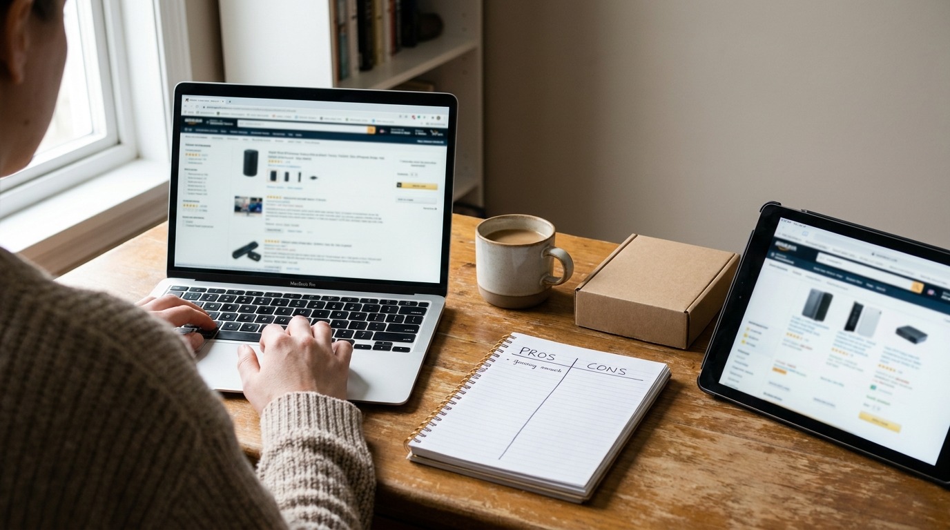 Person vergleicht Testberichte auf Laptop und Tablet am Schreibtisch
